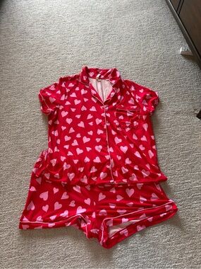 Red Heart Print Pajama Set - Pink Hearts